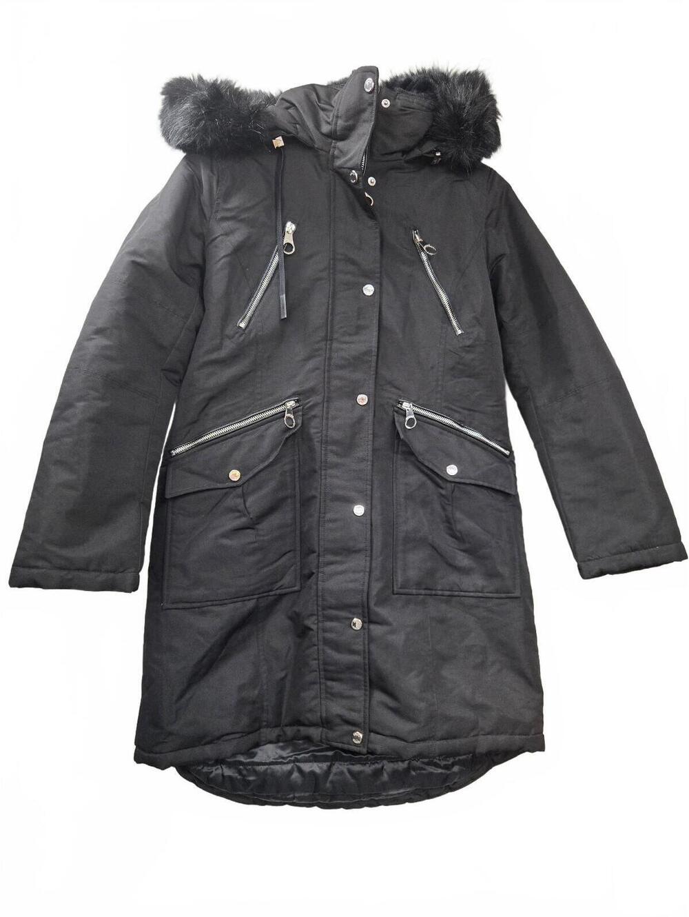 Guess Black Long Puffer Jacket with Faux Fur Hood